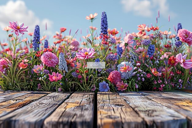 Foto escena de campo de beleza natural em palco com flores de primavera para exibição de produtos