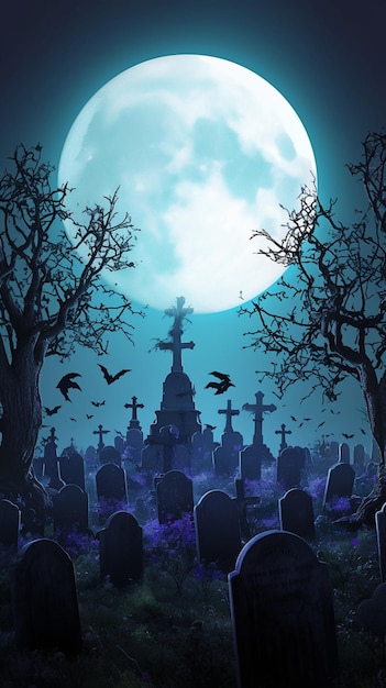 Escena de cemitério assustadora sob lua cheia perfeita para o ambiente de Halloween Papel de parede móvel vertical