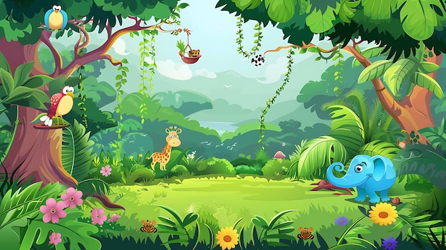 Escena de desenho animado da selva com animais bonitos Folhas verdes e árvores Perfeito para crianças