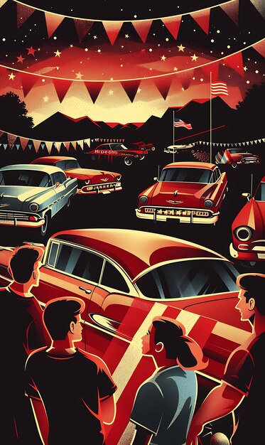 Escena de exposição de carros vintage com amigos admirando carros clássicos Am Poster Banner Cartão postal Design de colagem