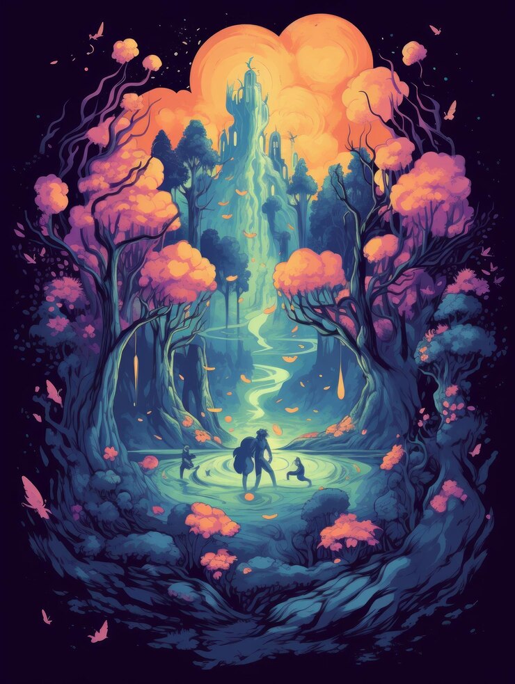 Foto escena de floresta encantada com elementos místicos e viajantes