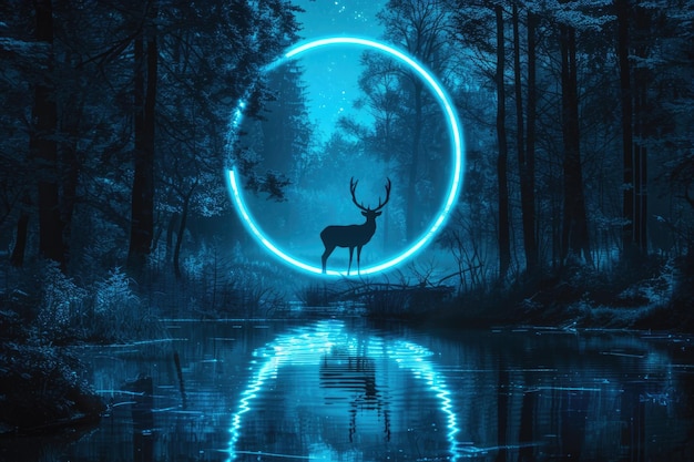 Escena de floresta noturna futurista abstrata com luzes de néon e cervos