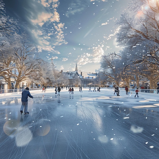 Escena de patinação no gelo no inverno na pista de neve