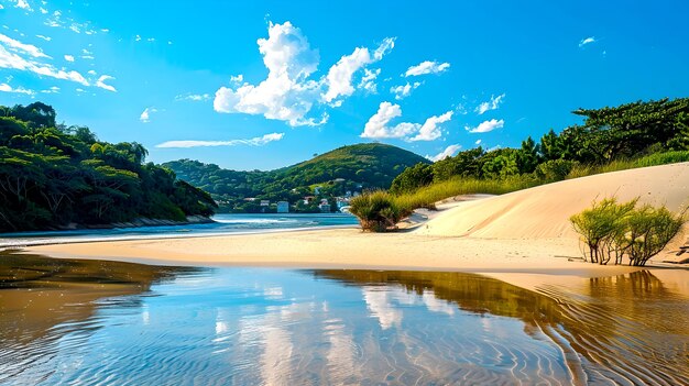 Escena de praia serena com areia dourada e águas calmas sob um céu azul Ideal para viagens e turismo Paisagem natural tranquila AI