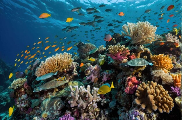 Foto escena de recifes subaquáticos com diversas espécies de peixes