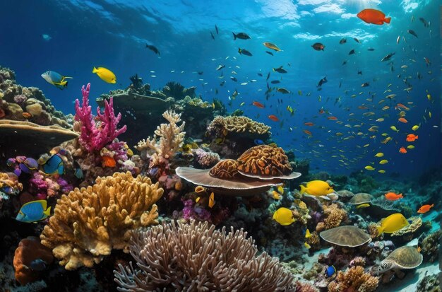 Foto escena de recifes subaquáticos com diversas espécies de peixes