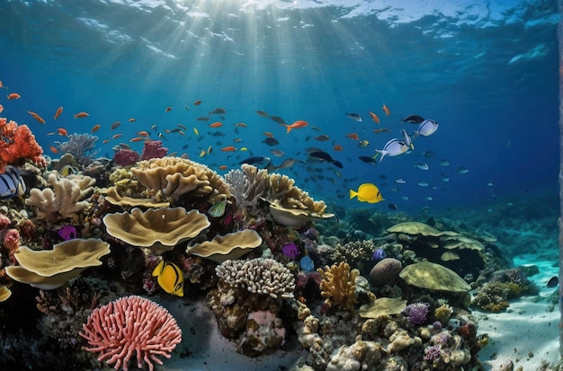 Escena de recifes subaquáticos com diversas espécies de peixes