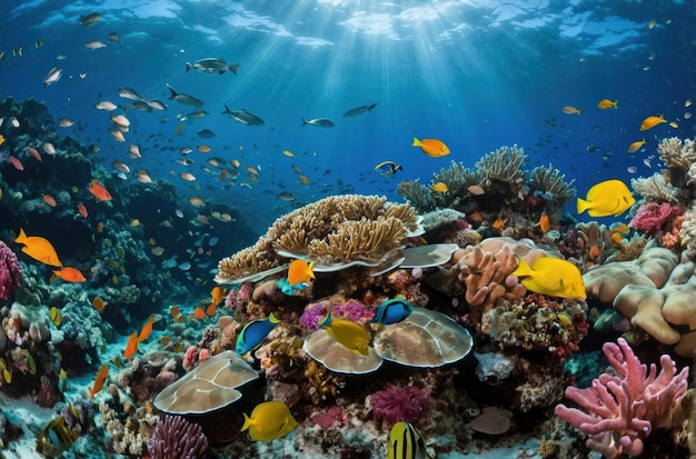 Escena de recifes subaquáticos com diversas espécies de peixes