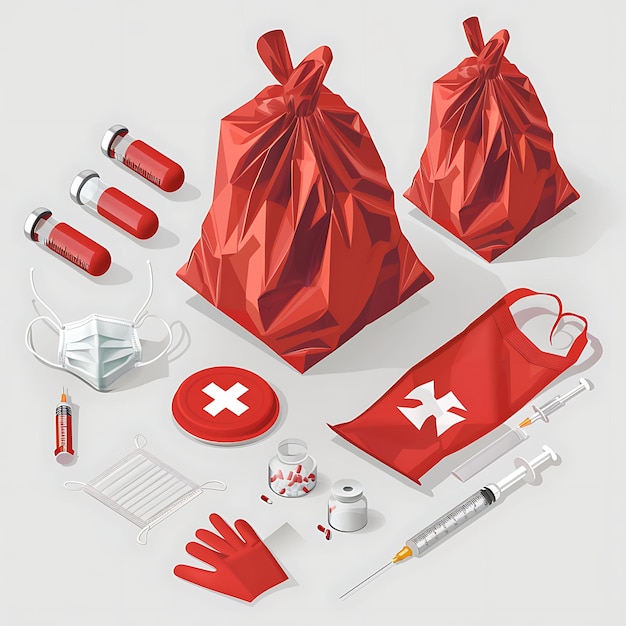 Foto escena de resíduos médicos com sacos vermelhos de risco biológico e afiados contém arte 3d isométrica ideia de paisagem simples