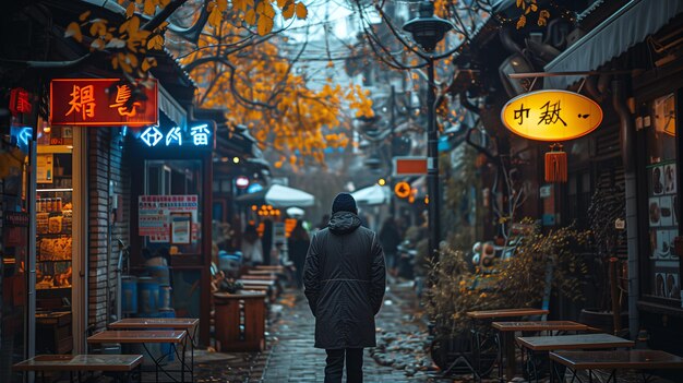 Escena de rua à noite na Ásia com sinais de néon brilhantes e uma figura solitária caminhando