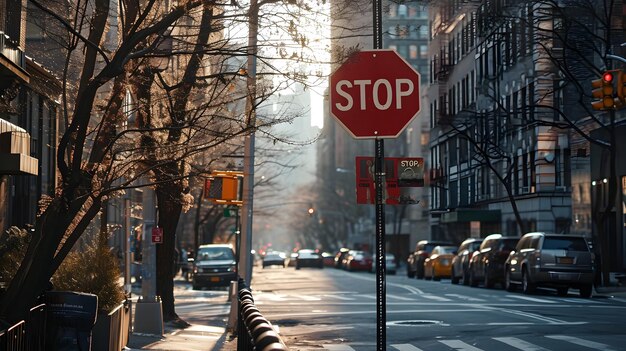 Escena de rua urbana com um sinal de parada avenida iluminada pelo sol com árvores e carros estacionados em uma cidade ao amanhecer ou ao anoitecer