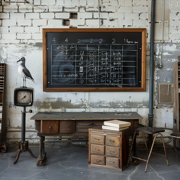 Escena de sala de aula retrô equações de álgebra no quadro-negro adesivos de albatros e detalhes de alarme