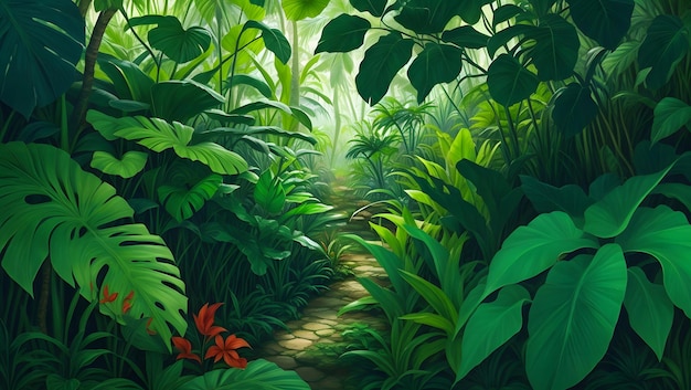 Foto escena de selva tropical plantas verdes e fundo frondoso paisagem ai generative