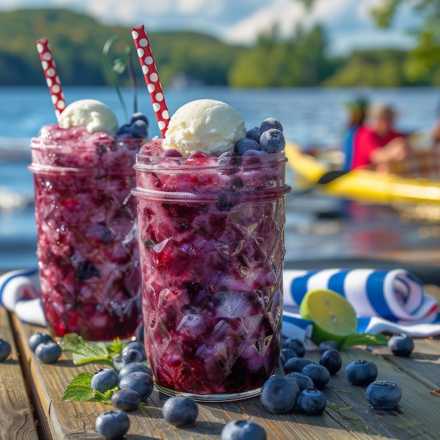 Escena de verão à beira do lago com limonada de mirtilos congelados