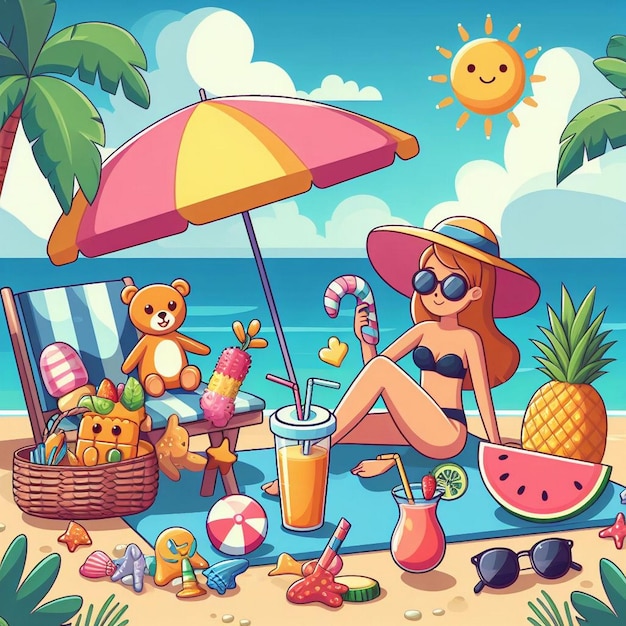Foto escena de verão de estilo de vida com design de desenho animado