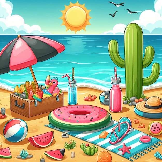 Escena de verão de estilo de vida com design de desenho animado
