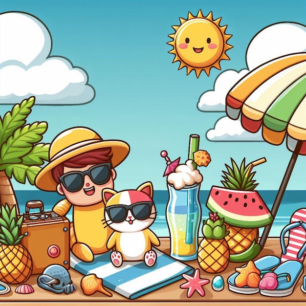 Foto escena de verão de estilo de vida com design de desenho animado