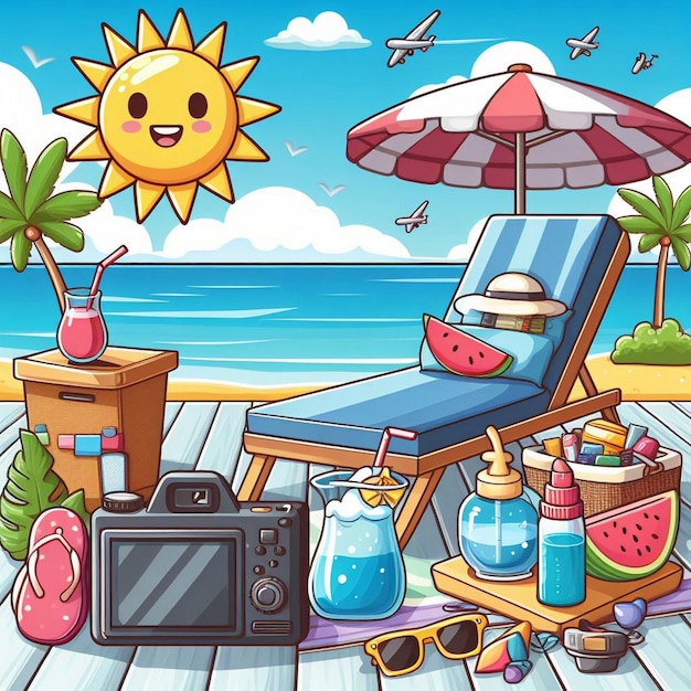 Foto escena de verão de estilo de vida com design de desenho animado