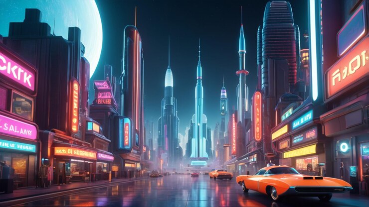 La escena debería mezclar la estética futurista clásica de las décadas de 1950 y 1960