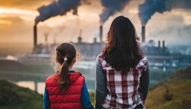 Una escena débilmente iluminada representa a una madre e hija mirando fijamente el humo de la fábrica que transmite el conmovedor impacto