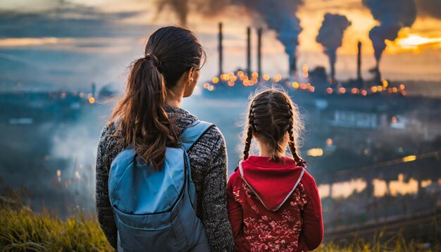 Una escena débilmente iluminada representa a una madre e hija mirando fijamente el humo de la fábrica que transmite el conmovedor impacto