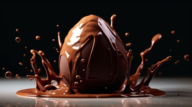 Escena decadente de un huevo de Pascua que se hunde en un mar de rico y aterciopelado chocolate