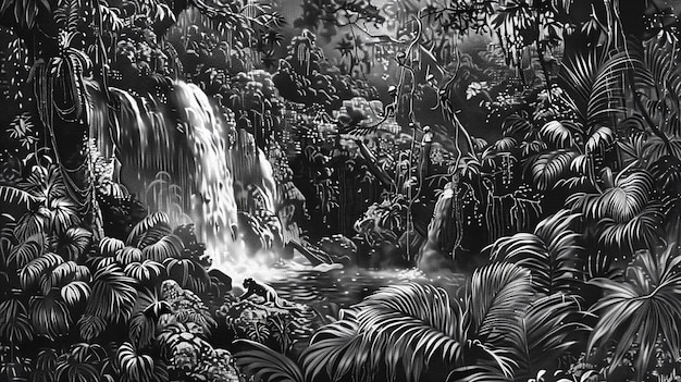 Escena de la densa selva tropical en blanco y negro