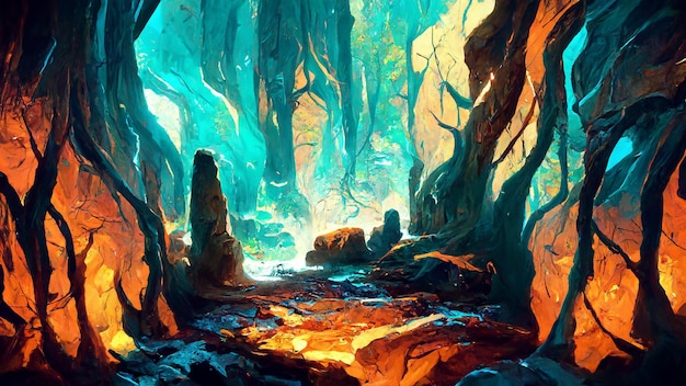 Escena dentro de la cueva con el bosque fuera de la ilustración 3D