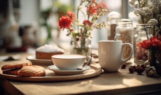 Una escena de desayuno con croissants de café y pastel en una mesa de madera adornada con un jarrón de flores