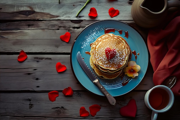 Escena del desayuno del día de San Valentín con panqueques