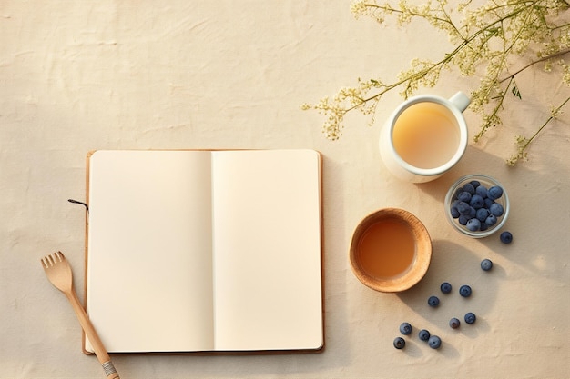 Escena del desayuno con leche, miel y arándanos