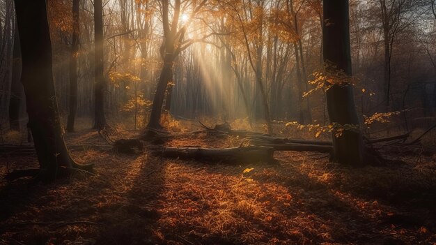 Escena desconcertante de un bosque acumulado en el tiempo con rayos de sol entrando a través de las ramas Generado por IA