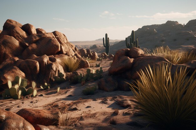 Una escena desértica con cactus y montañas al fondo.