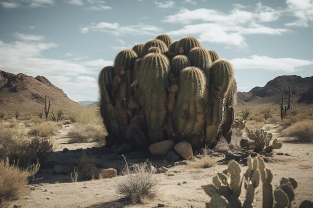 Una escena desértica con un cactus en primer plano y un cielo nublado al fondo.