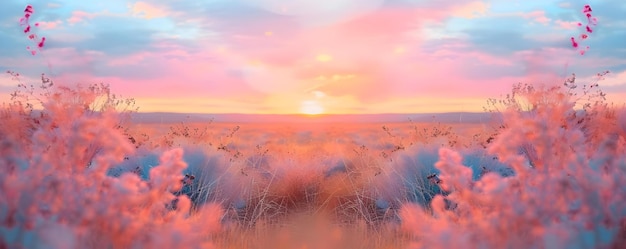 Foto escena desértica deslumbrante adornada com flores silvestres vibrantes e nascer do sol rosa radiante conceito paisagens do deserto flores silvestres nascer do sol cor-de-rosa fotografia da natureza