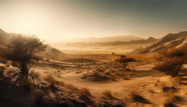 Una escena desértica con una escena desértica y montañas al fondo.