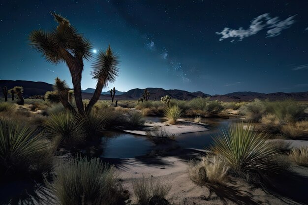 Foto escena desértica nocturna con luna llena y cielo estrellado sobre el oasis creado con ai generativo