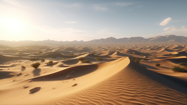 Una escena desértica con un paisaje desértico y montañas al fondo.