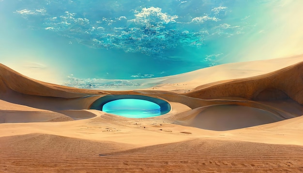 Escena del desierto 3d con oasis de agua y palmeras Ai generativo