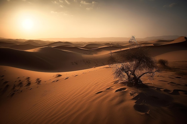 Una escena del desierto con un árbol en primer plano y la puesta de sol detrás de él.