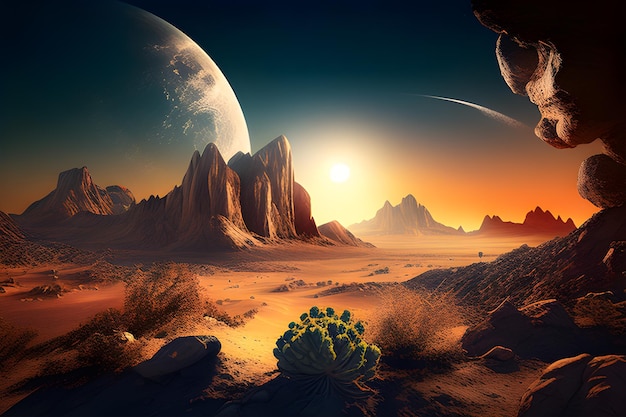 Una escena del desierto con un cactus y un planeta.