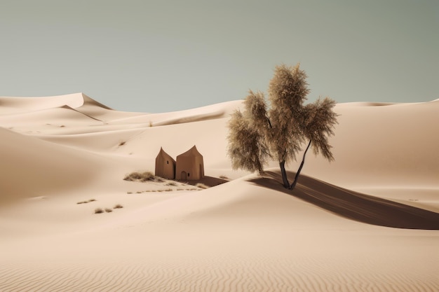 Una escena del desierto con una casa y árboles en el desierto.