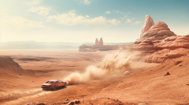 Una escena del desierto con un coche en el desierto y el cielo es azul.