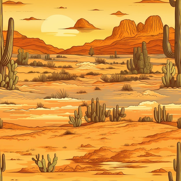 Una escena del desierto de dibujos animados con árboles de cactus y montañas en la distancia generativa ai