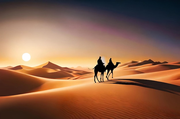 Una escena del desierto con dos camellos y una puesta de sol.