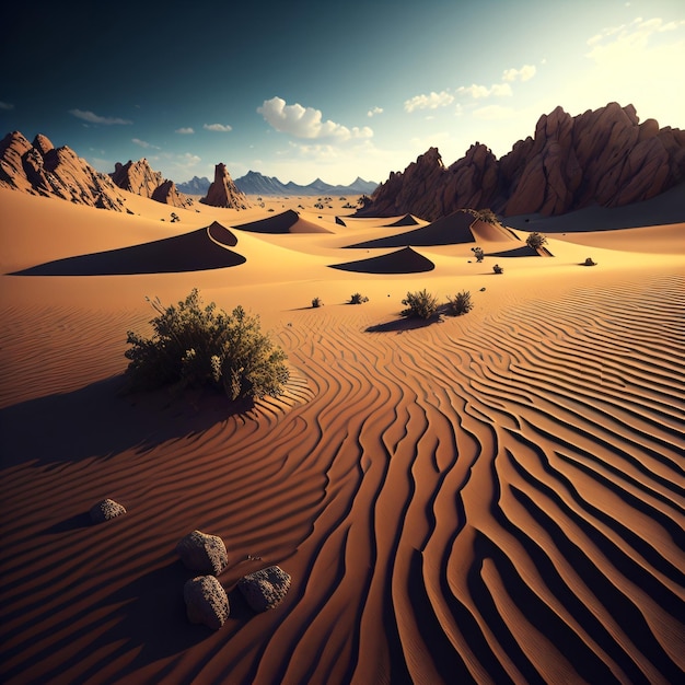 Una escena del desierto con dunas de arena y un cielo azul.