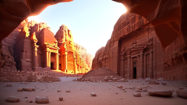 Una escena del desierto con un edificio en el medio y un letrero que dice 'petra'