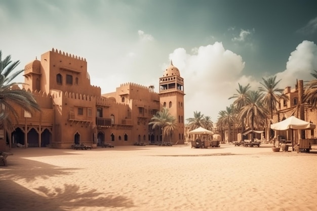 Foto una escena del desierto con un edificio y palmeras.