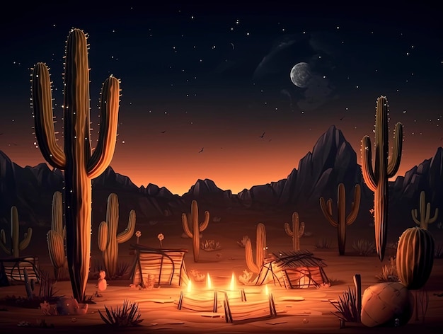 Una escena del desierto con una fogata y cactus.