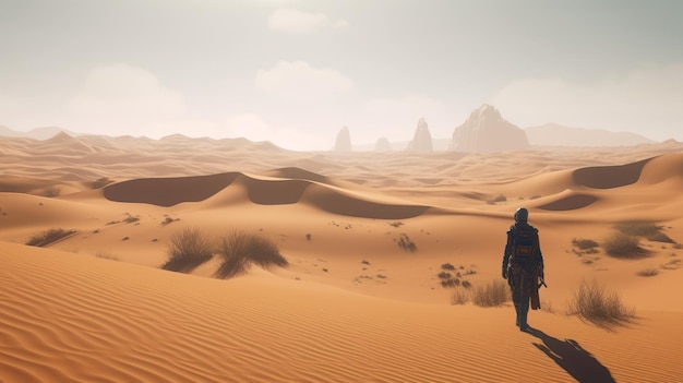 Una escena del desierto con un hombre caminando en el desierto.